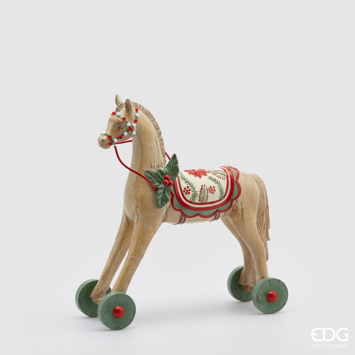 Cavallo con ruote, misura piccola, colore nocciola, rosso e verde, in poly. EDG