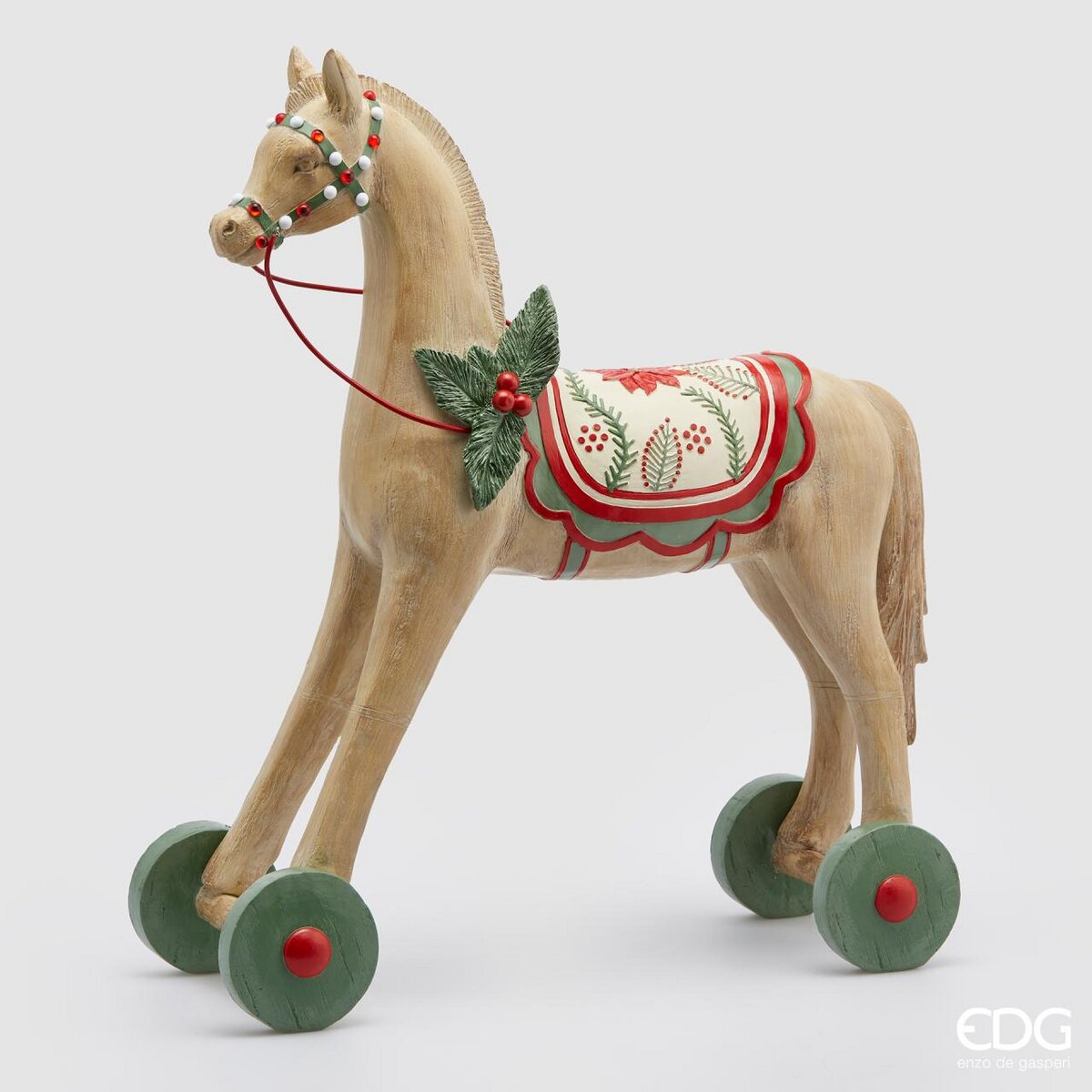 Cavallo con ruote, misura grande, colore nocciola, rosso e verde, in poly. EDG