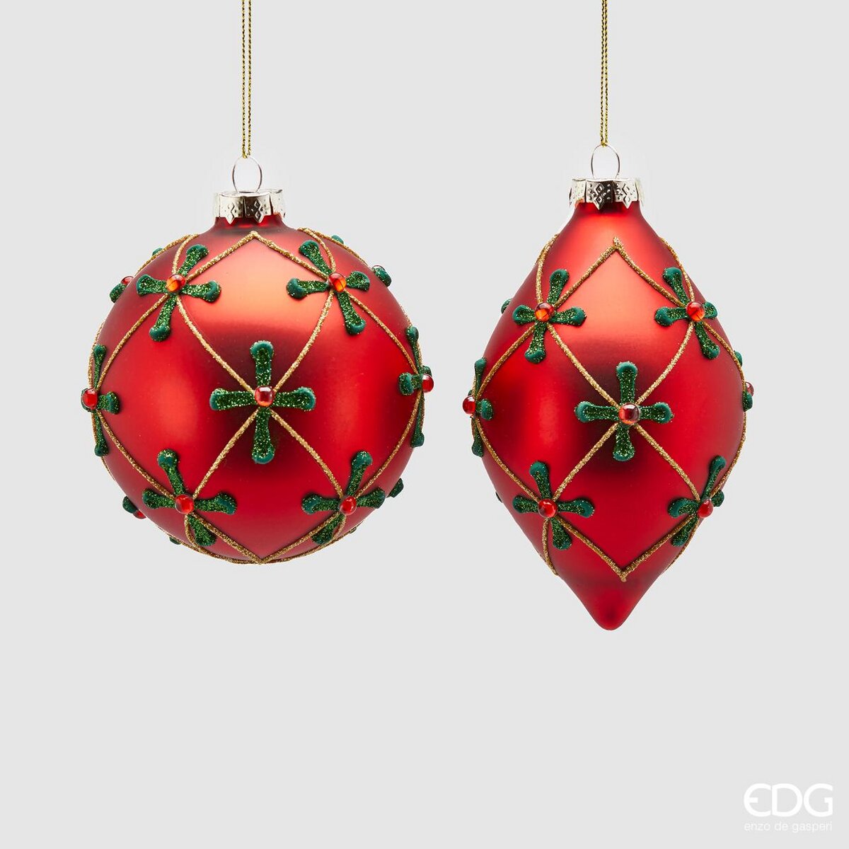 Palla/fuso vetro, Decoflor, colore rosso e verde, D. 10 cm. EDG