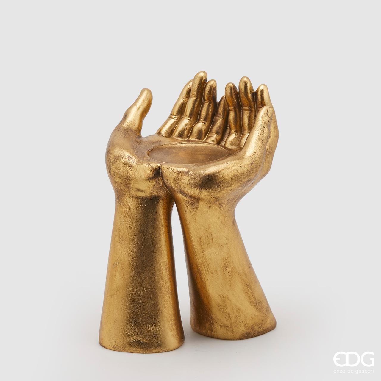 Portacandela mani misura grande, in poliresina, colore oro, H.25 cm. EDG