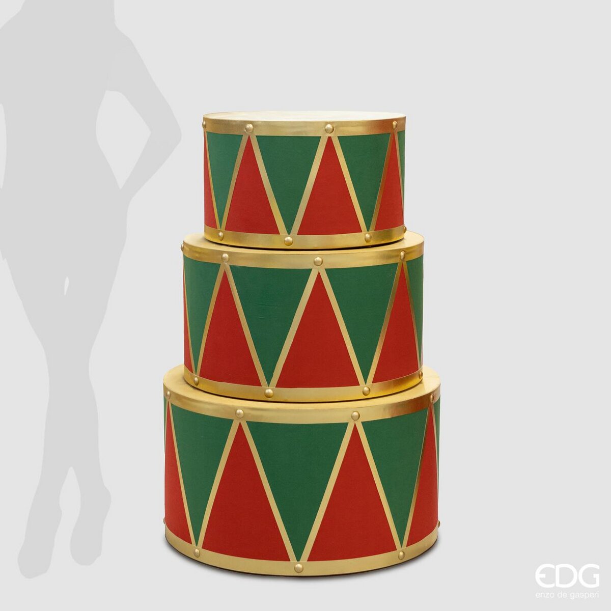 Tavolo tamburo, misura media H35cm D60cm Rosso Verde Oro. Edg
