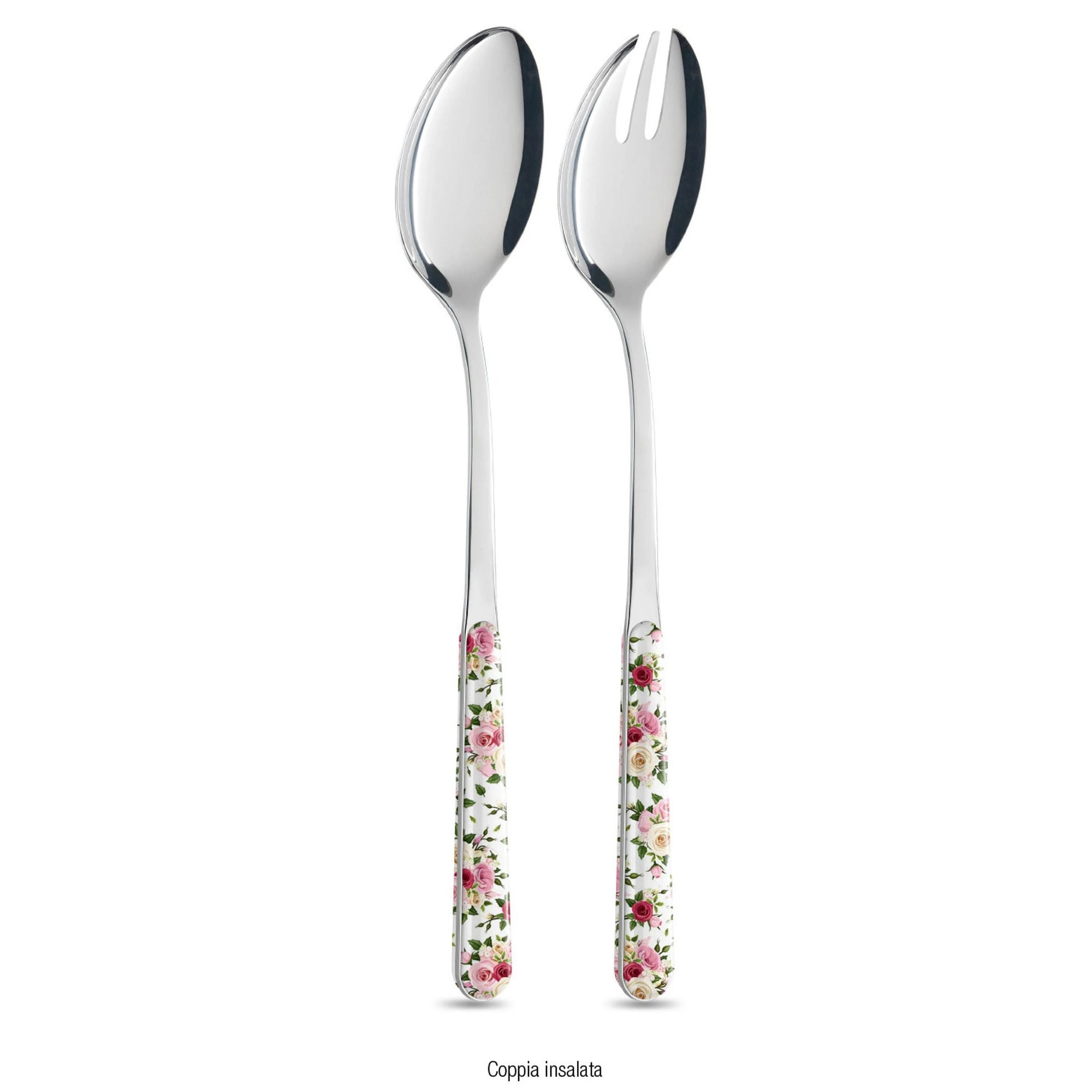 Coppia insalata posate ROSES acciaio inossidabile, con manico roselline gialle. Neva Posate