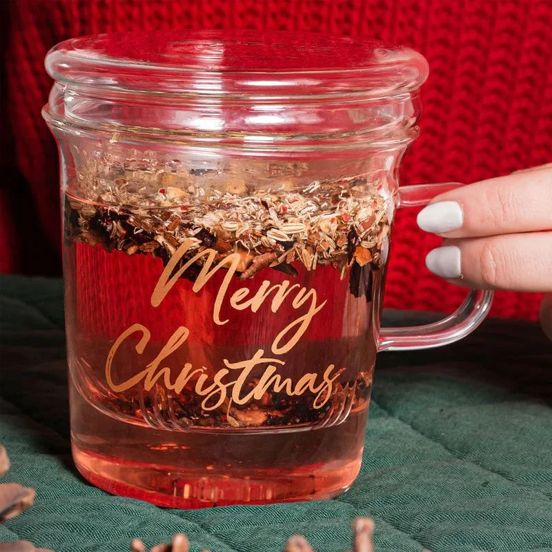 Mug con infusore decoro "Merry Christmas", trasparente con scritta oro. Simple day