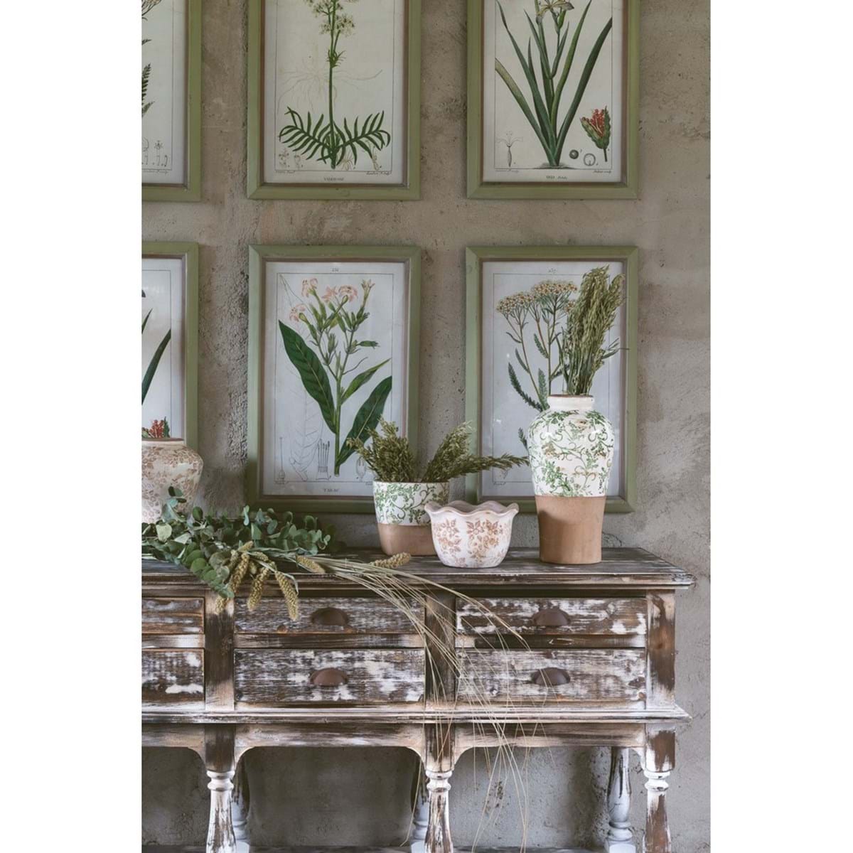 Quadro con fiori, cornice verde in legno, disegni assortiti. Blanc Mariclò