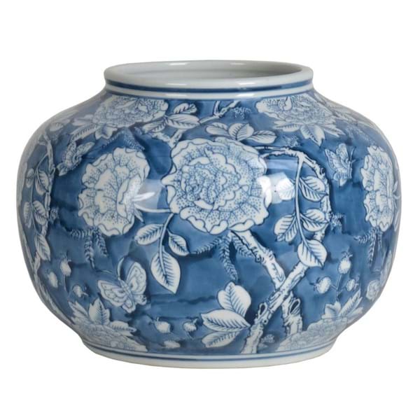 Vaso decorativo basso porcellana blu con fiori bianchi. Blanc Mariclò