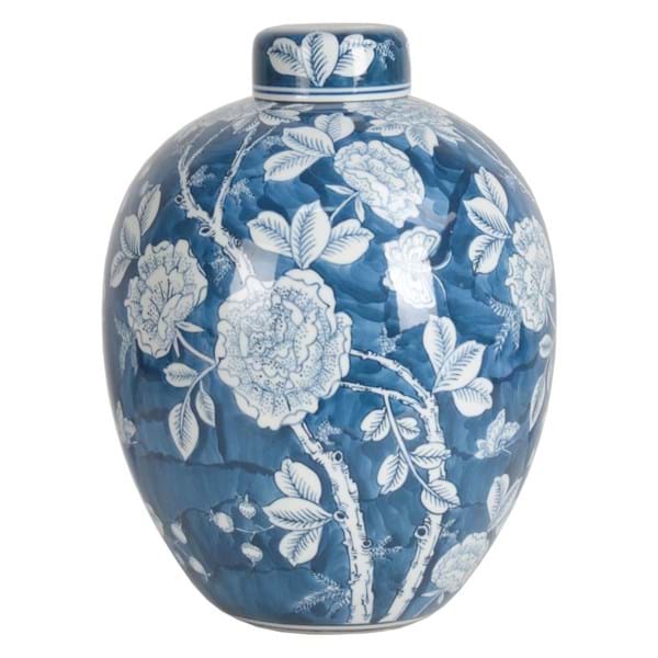 Vaso decorativo con coperchio porcellana blu con disegni. Blanc Mariclò