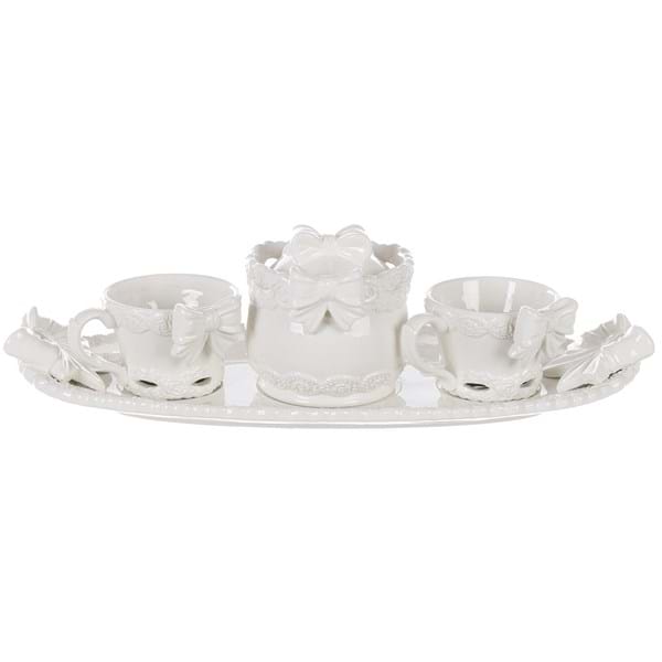 Set Vassoio + Due Tazze + Zuccheriera in ceramica bianca decoro fiocco Linea Sentimento. Blanc Mariclò