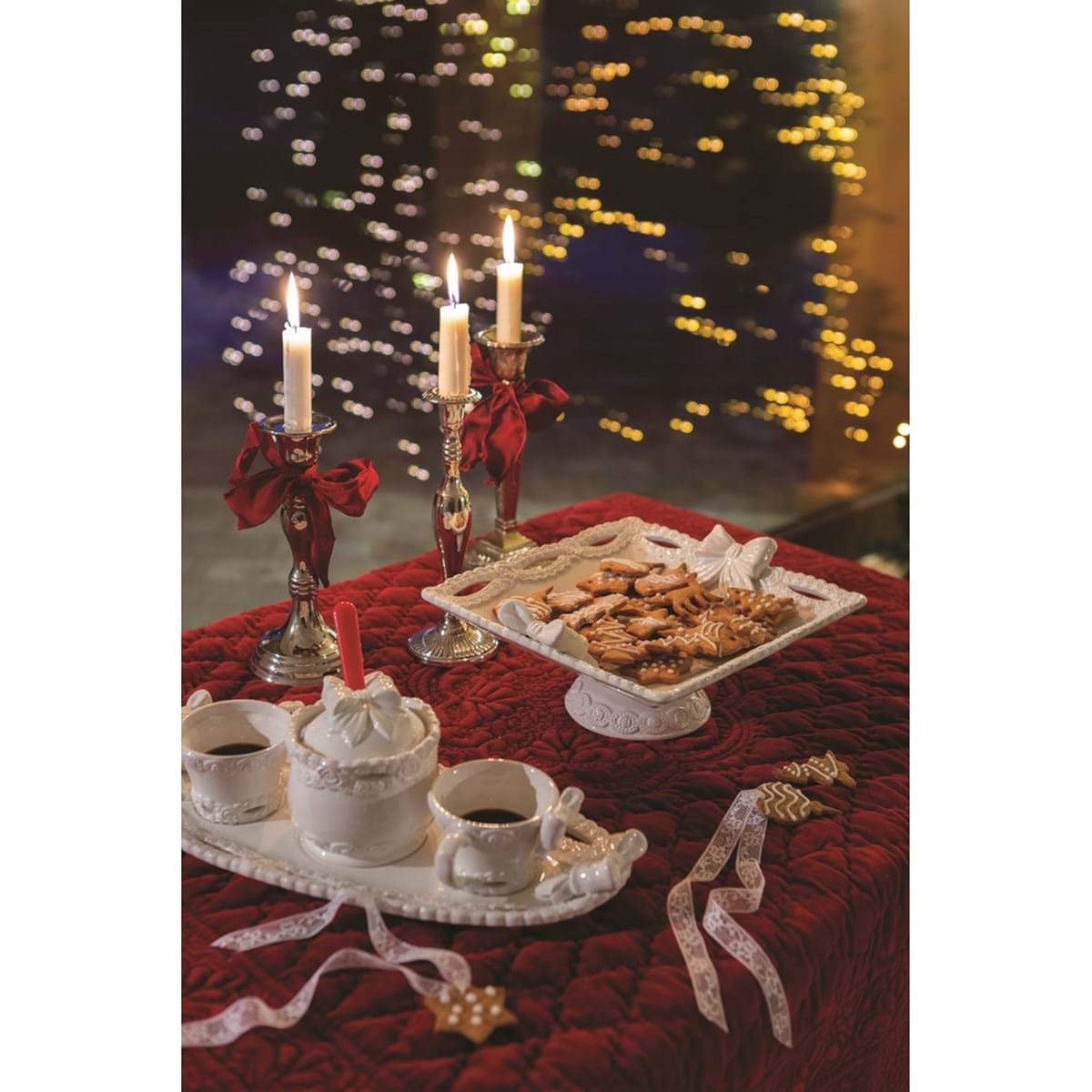 Set Vassoio + Due Tazze + Zuccheriera in ceramica bianca decoro fiocco Linea Sentimento. Blanc Mariclò