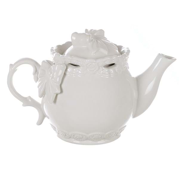 Teiera con Decoro Fiocco in ceramica bianca Linea Sentimento. Blanc Mariclò