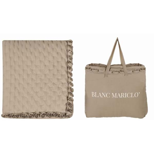 Boutis trapuntino BEIGE matrimoniale con rose a rilievo e borsa. Blanc Mariclò