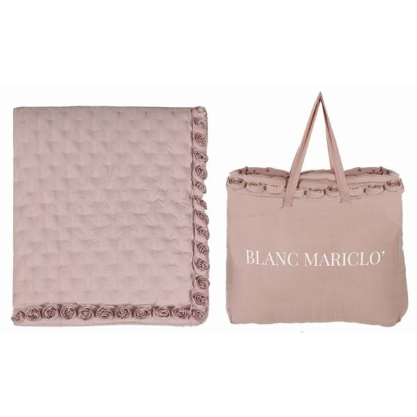 Boutis trapuntino ROSA singolo con rose a rilievo e borsa. Blanc Mariclò