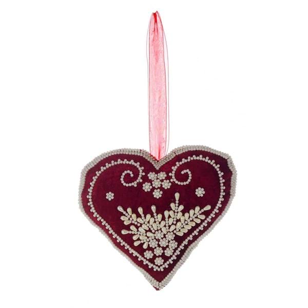Decoro cuore rosso con perline bianche da appendere. Blanc Mariclò