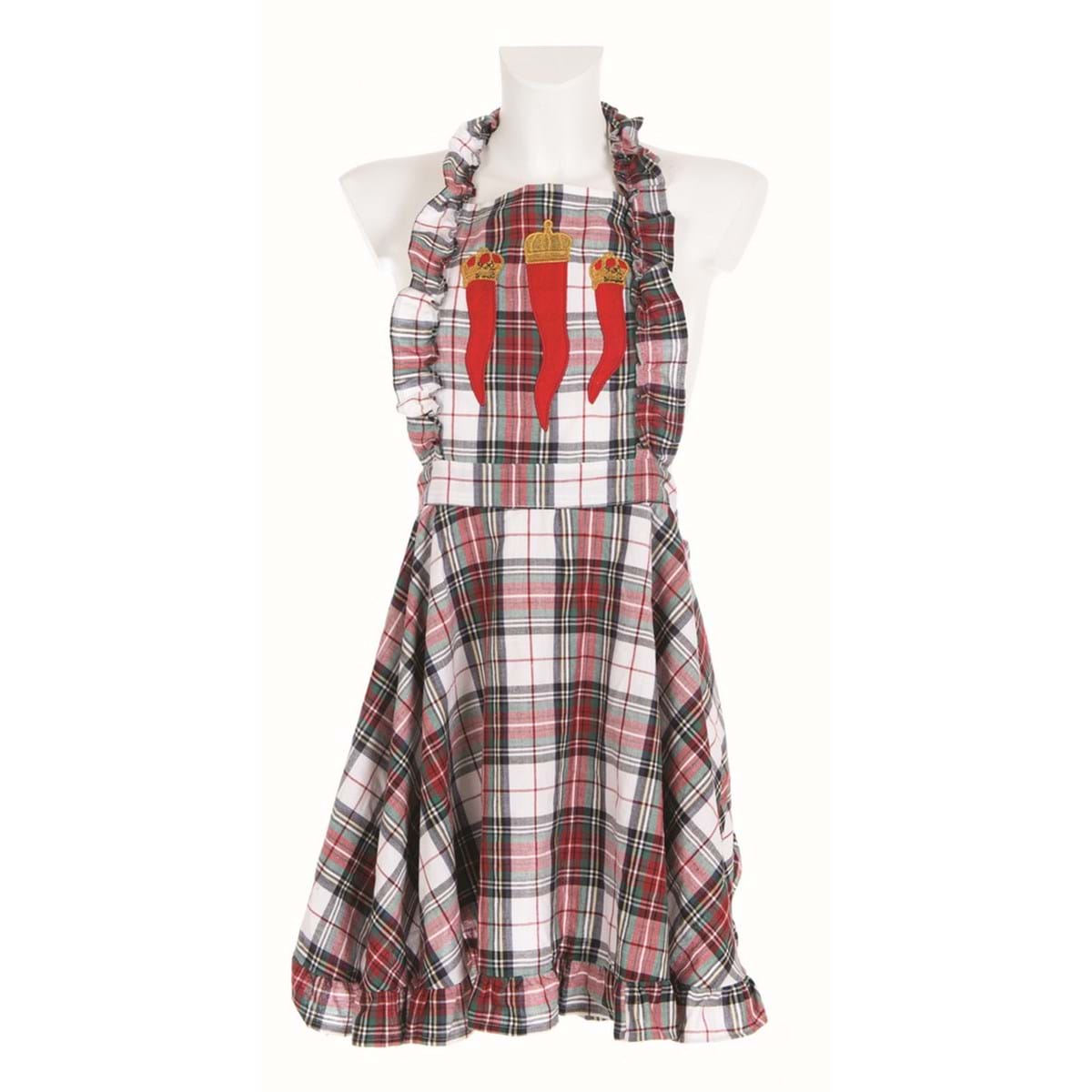 Grembiule tartan con applicazione di corni. Blanc Mariclò