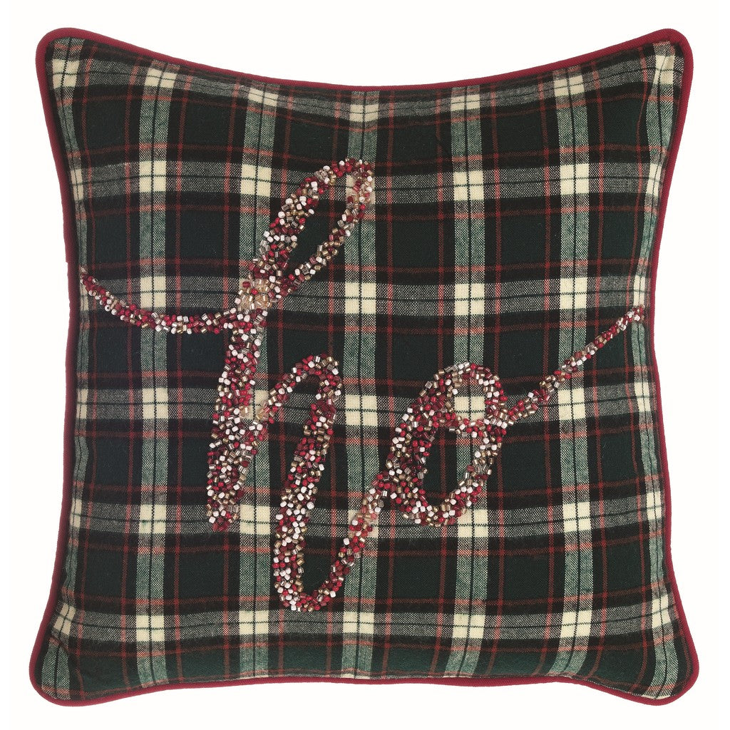 Cuscino ricamato HO! fondo tartan. Blanc Mariclò