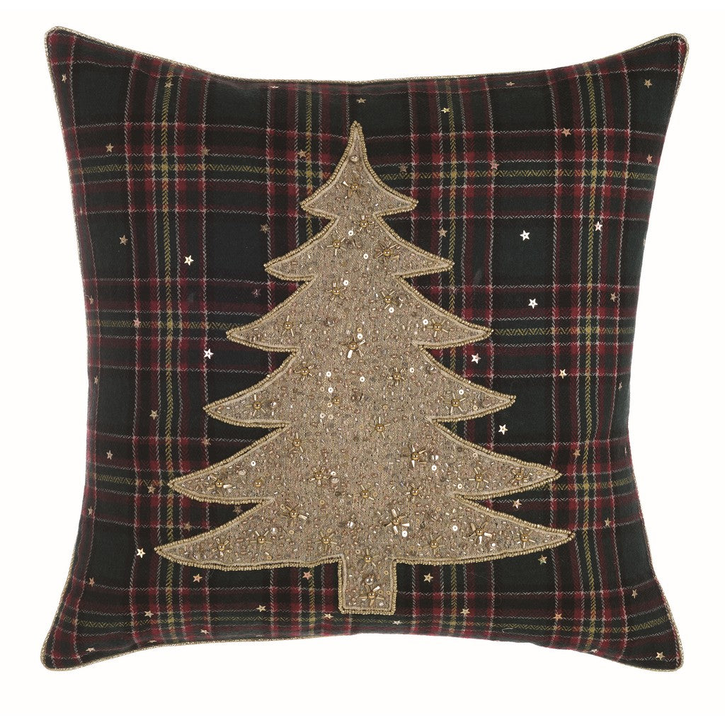 Cuscino ricamato abete fondo tartan. Blanc Mariclò