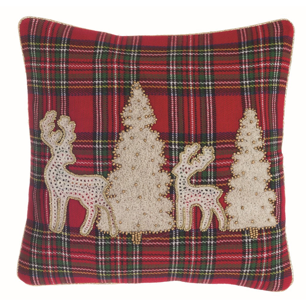 Cuscino ricamato alberi e cervi fondo tartan. Blanc Mariclò
