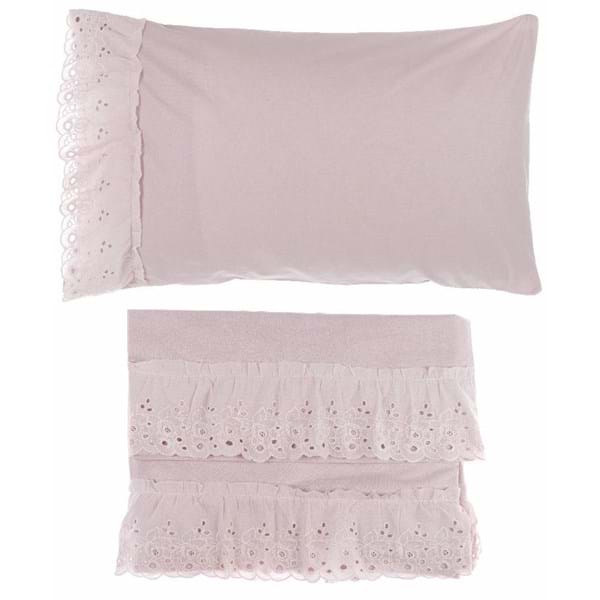 Lenzuola completo letto cipria, matrimoniale, balza pizzo Sangallo. Blanc Mariclò