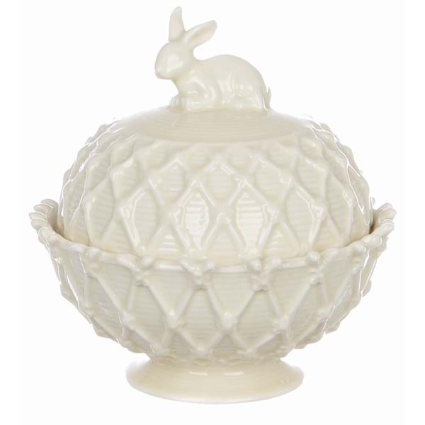 Contenitore caramelle con coperchio, porcellana avorio decoro conigli. Blanc Mariclò