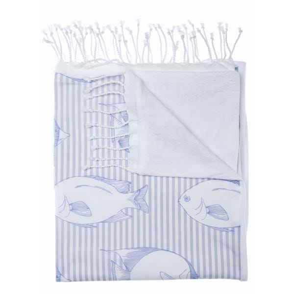 Telo mare spugna pesci, colore bianco e celeste. Blanc Mariclò