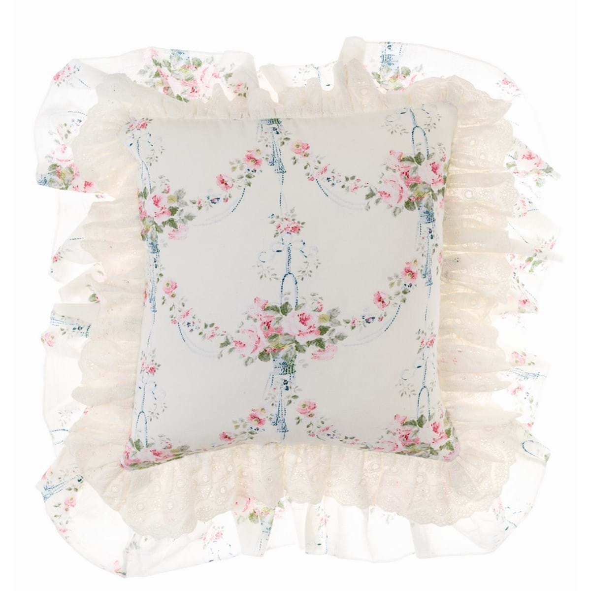Cuscino con gala e pizzo e rose. Blanc Mariclò