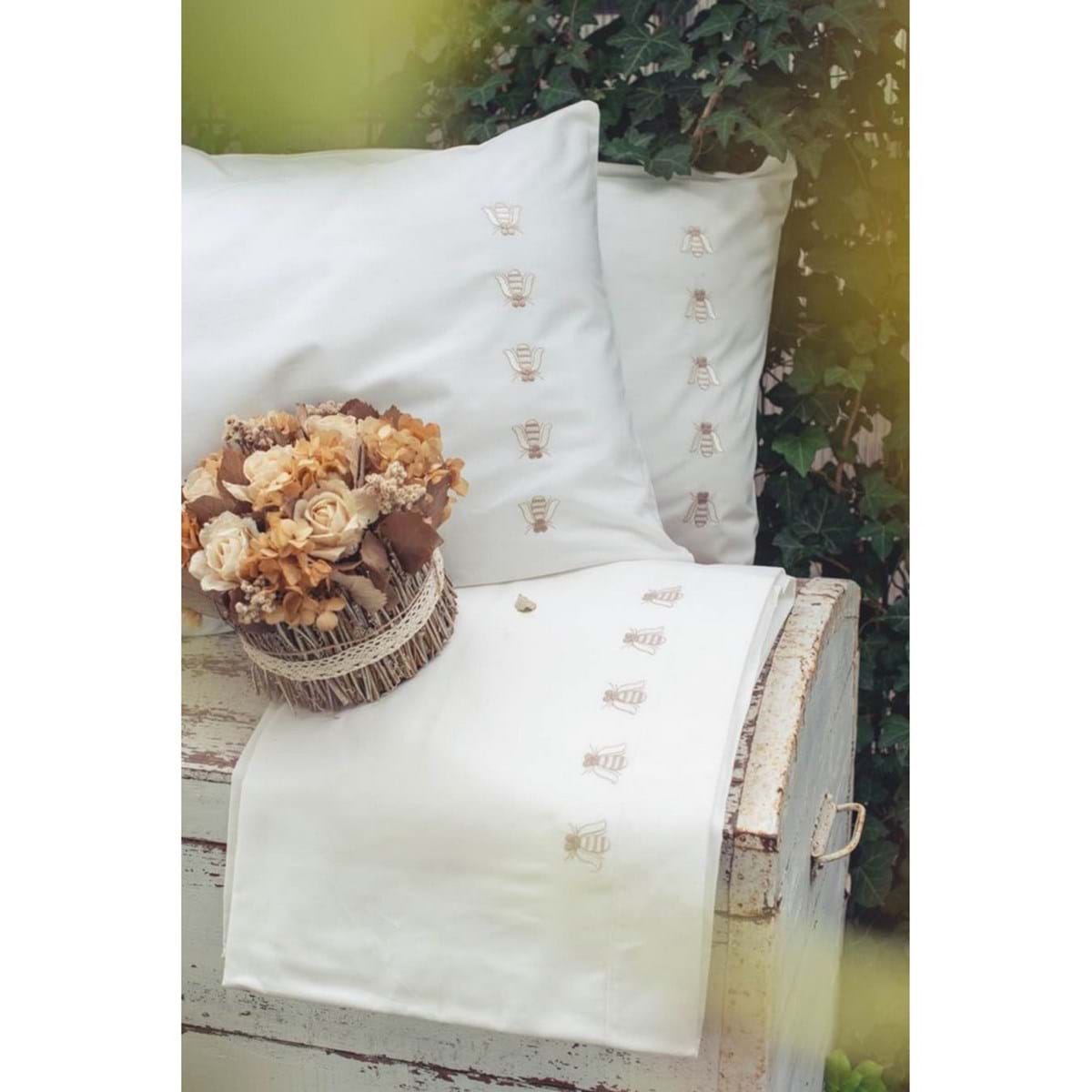 Lenzuola completo letto matrimoniale, ricamo ape, bianco. Blanc Mariclò