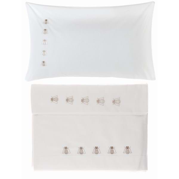 Lenzuola completo letto matrimoniale, ricamo ape, bianco. Blanc Mariclò