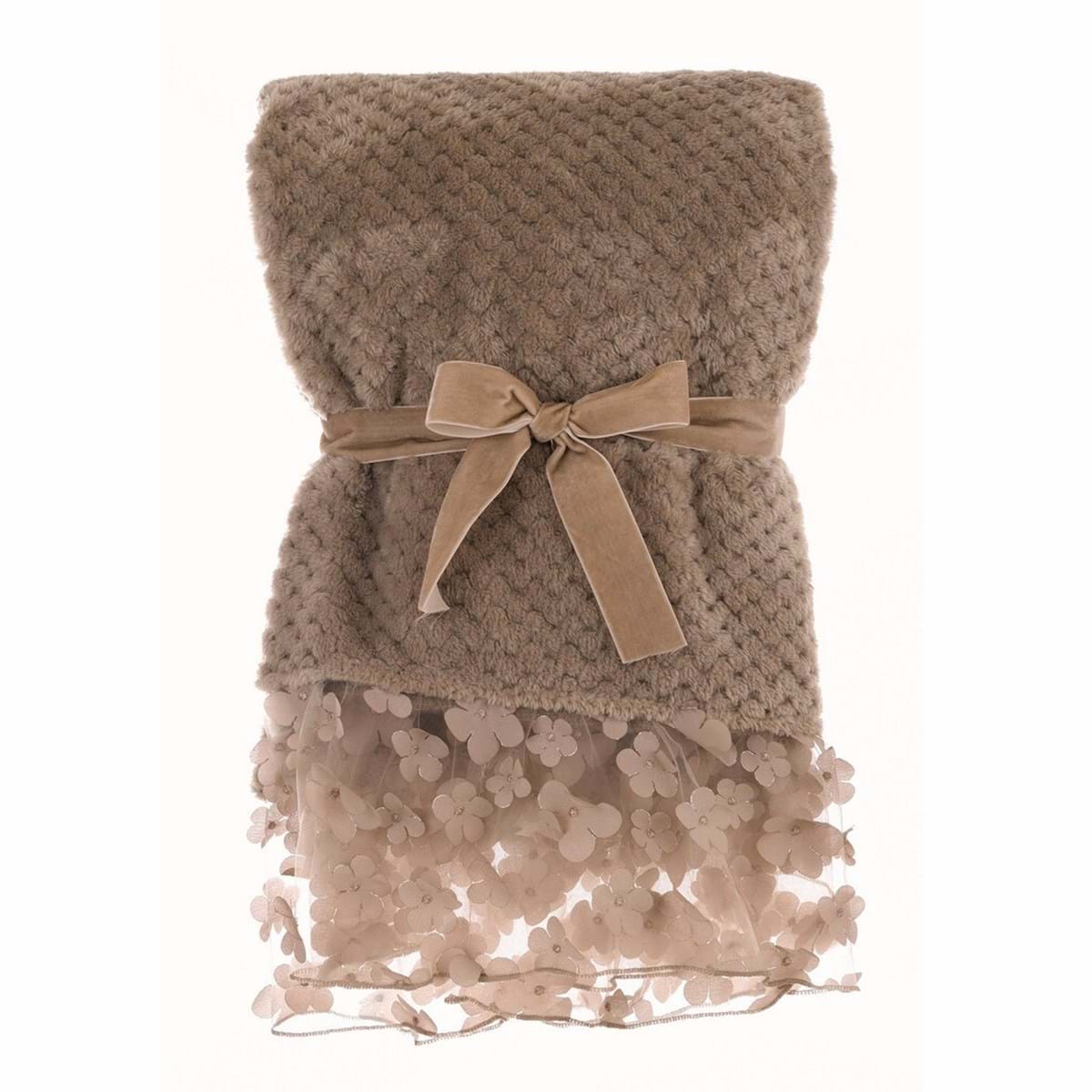 Plaid con gala in pizzo, colore beige, Serie Romantic plaids. Blanc Mariclò