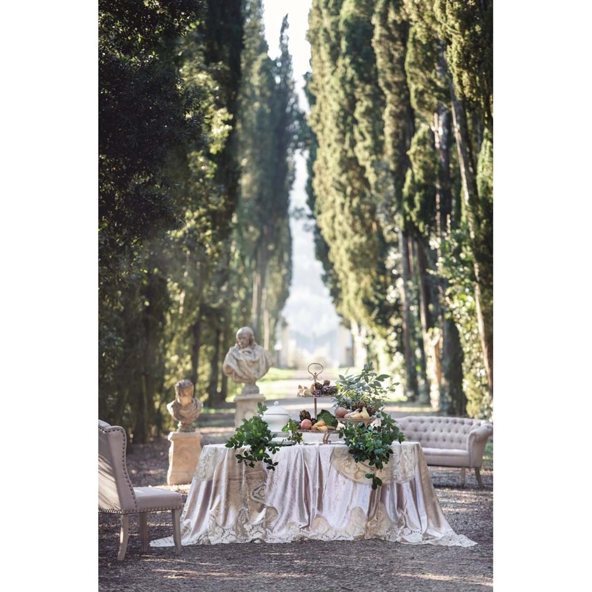 Tovaglia in velluto con bordo in pizzo e rosone centrale, colore beige, Linea Velvet &amp lace, 160x300. Blanc Mariclò