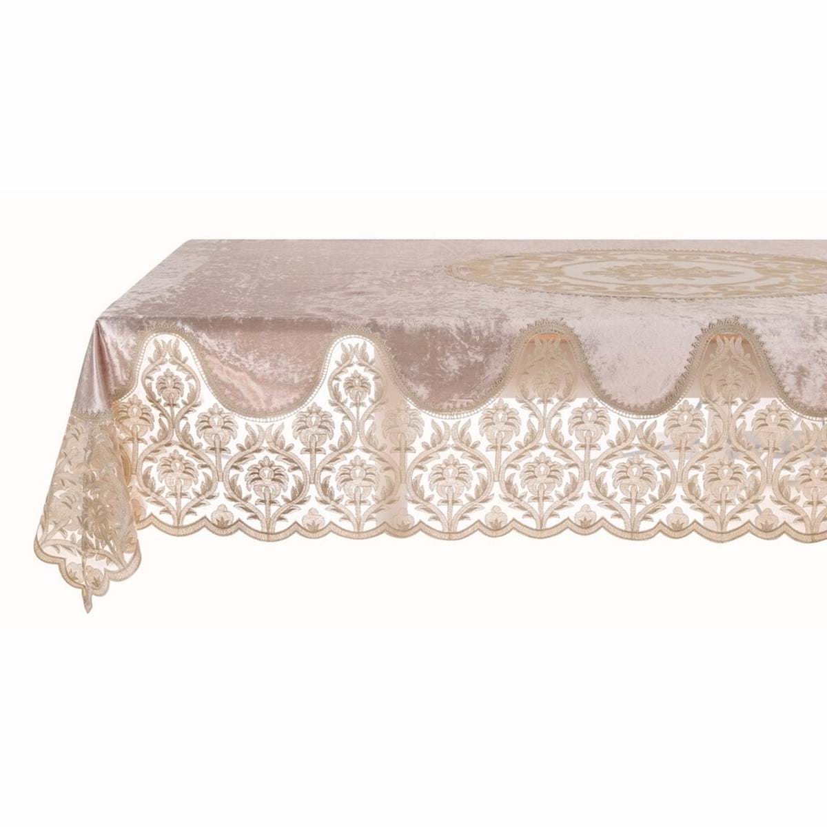 Tovaglia in velluto con bordo in pizzo e rosone centrale, colore beige, Linea Velvet &amp lace, 160 x 160. Blanc Mariclò