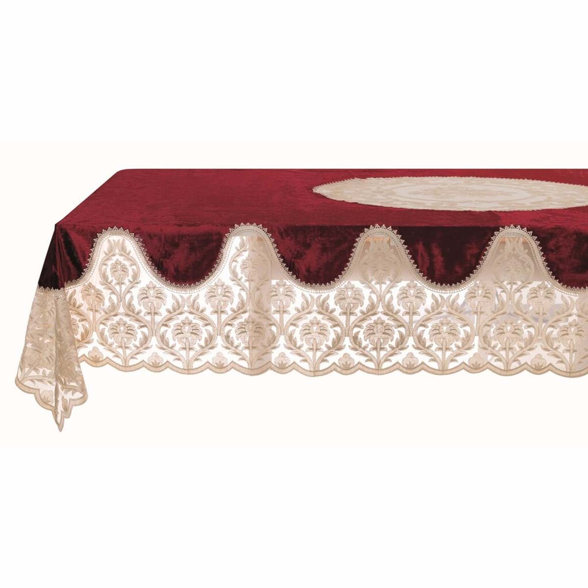 Tovaglia in velluto con bordo in pizzo e rosone centrale, colore bordeaux, Linea Velvet &amp lace, 160x300. Blanc Mariclò