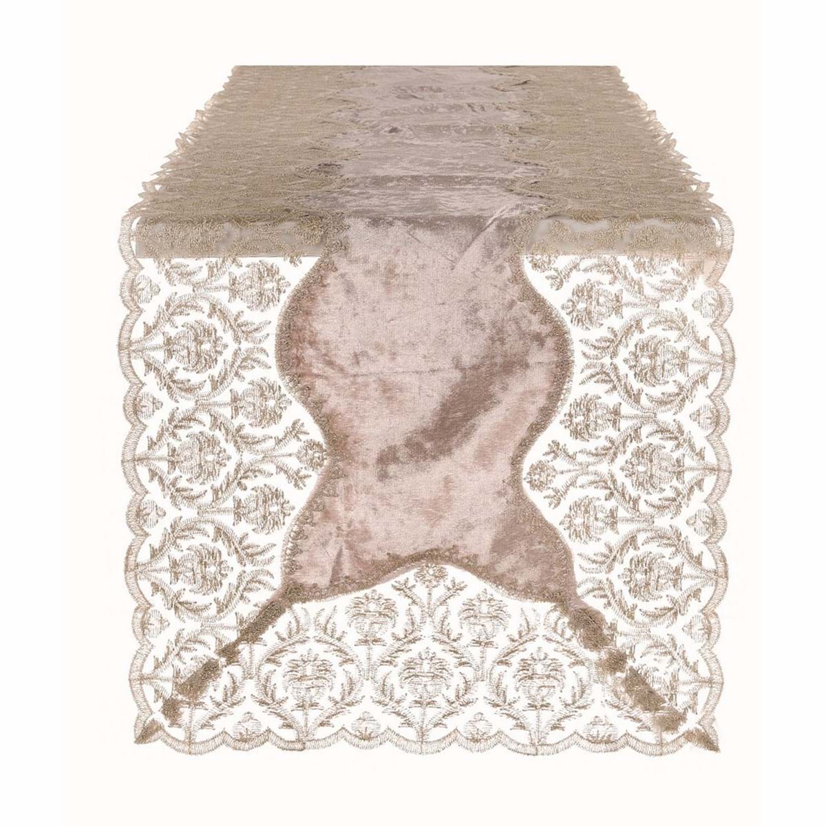 Runner in velluto con bordo in pizzo, colore beige, Linea Velvet &amp;amp lace, 45x150. Blanc Mariclò