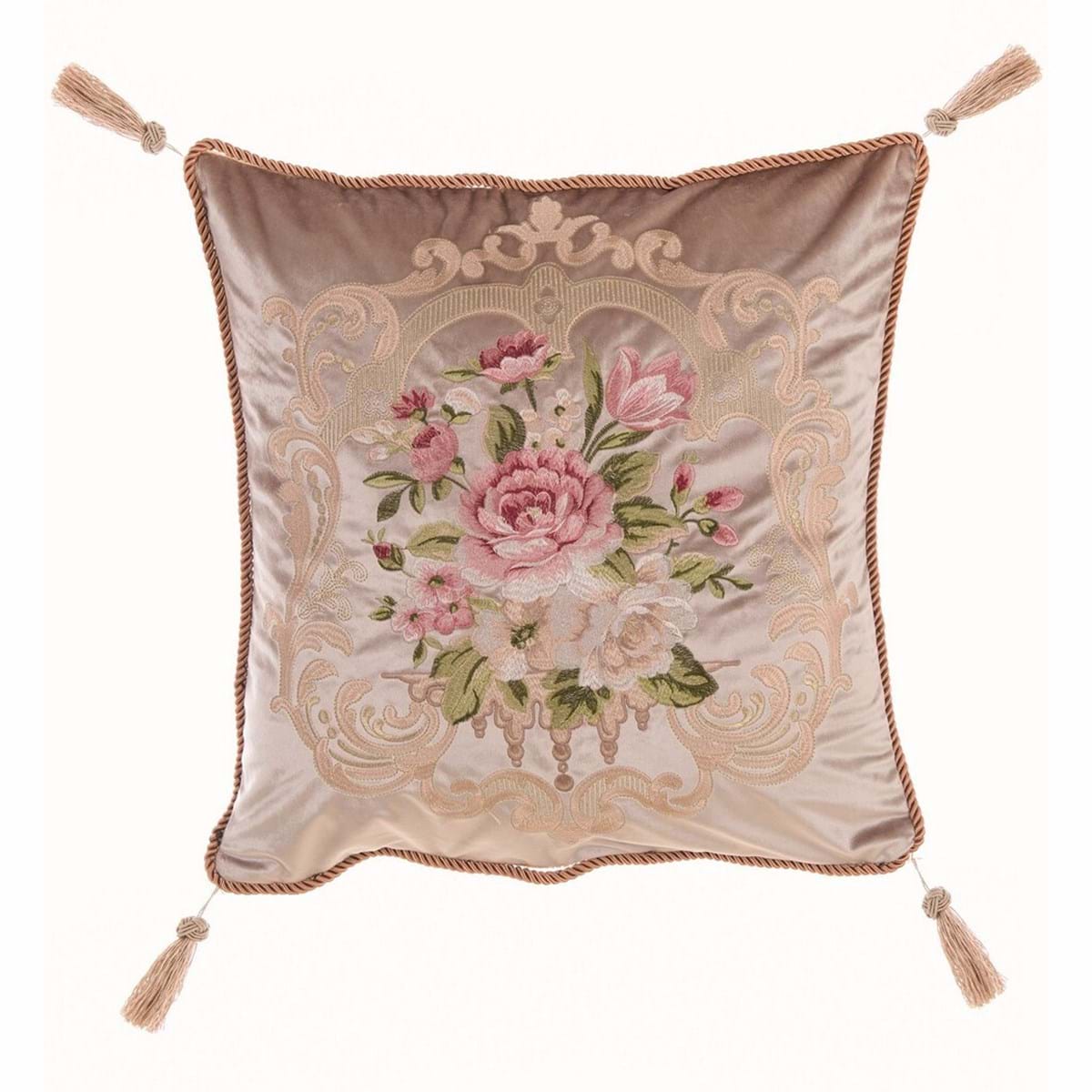 Cuscino quadrato ricamato con nappe. Blanc Mariclò