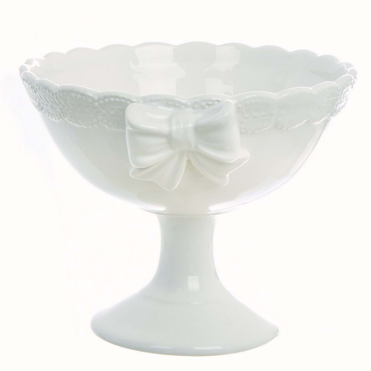 Coppa con piede in ceramica bianca decoro fiocco Linea Sentimento. Blanc Mariclò