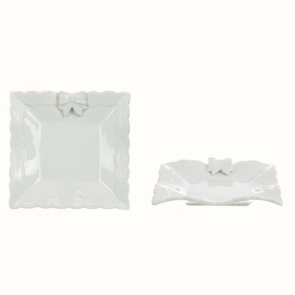 Piattino quadrato in ceramica bianca decoro fiocco Linea Sentimento. Blanc Mariclò