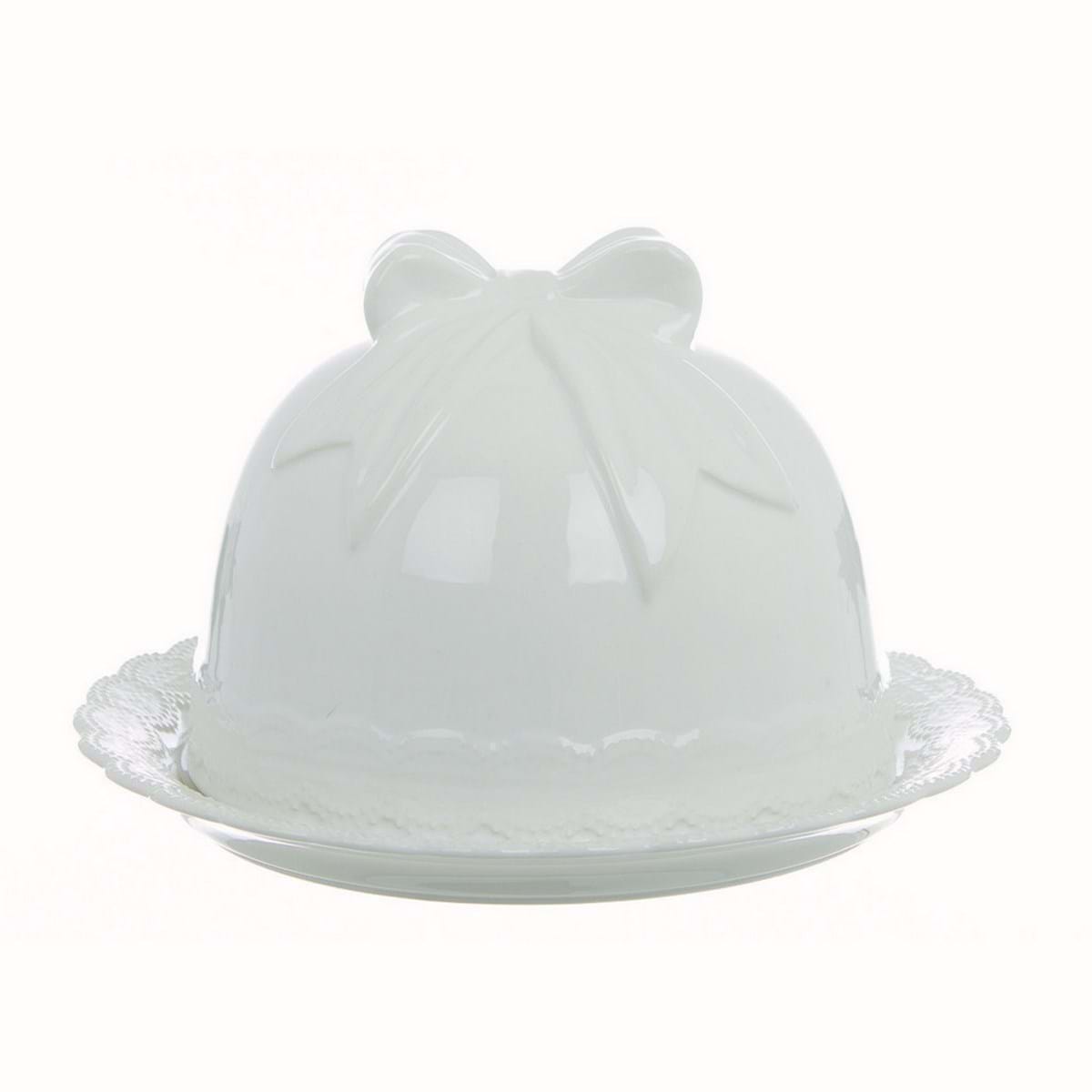 Vassoio con campana in ceramica bianca decoro fiocco Linea Sentimento. Blanc Mariclò