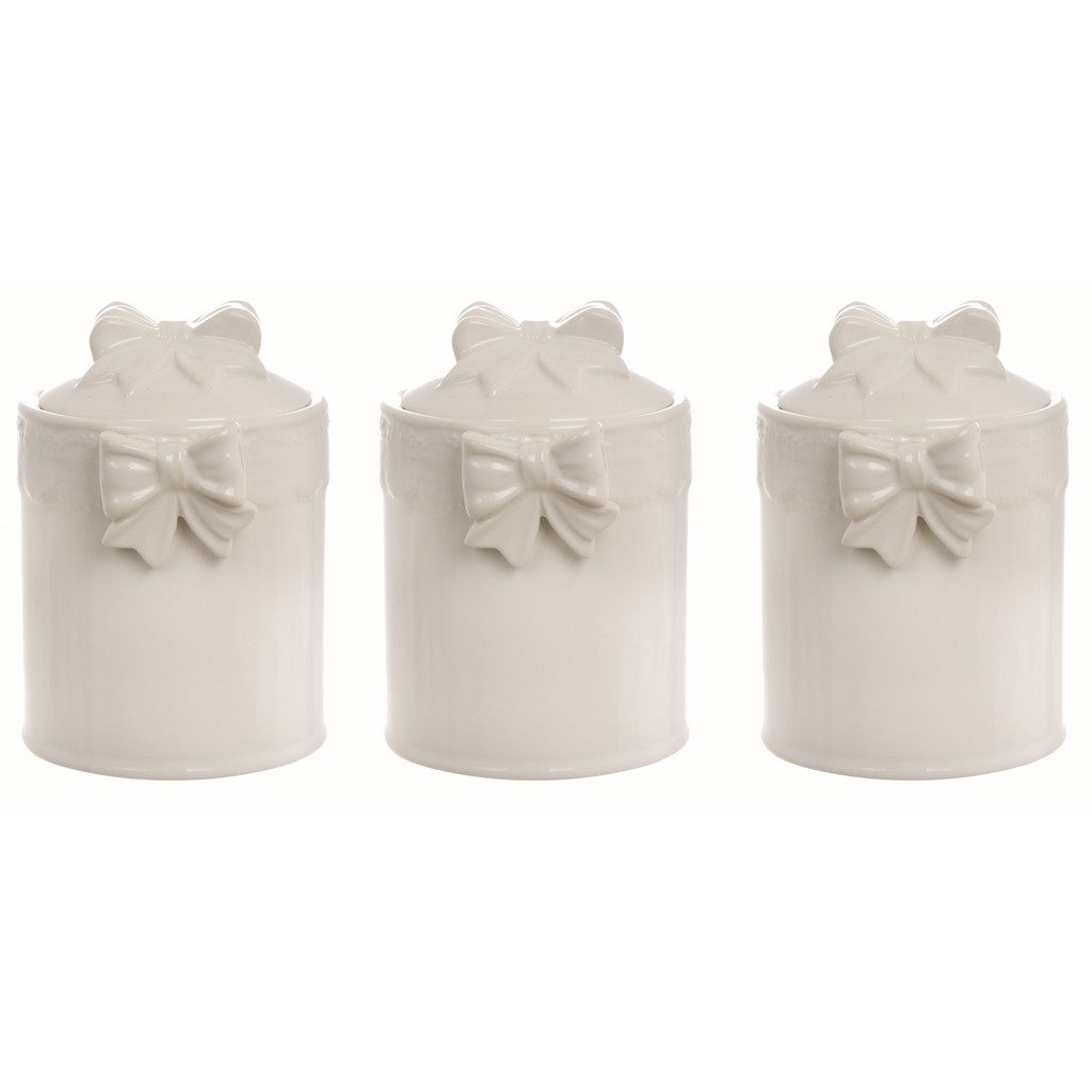 Set 3 barattoli con coperchio in ceramica bianca decoro fiocco Linea Sentimento. Blanc Mariclò