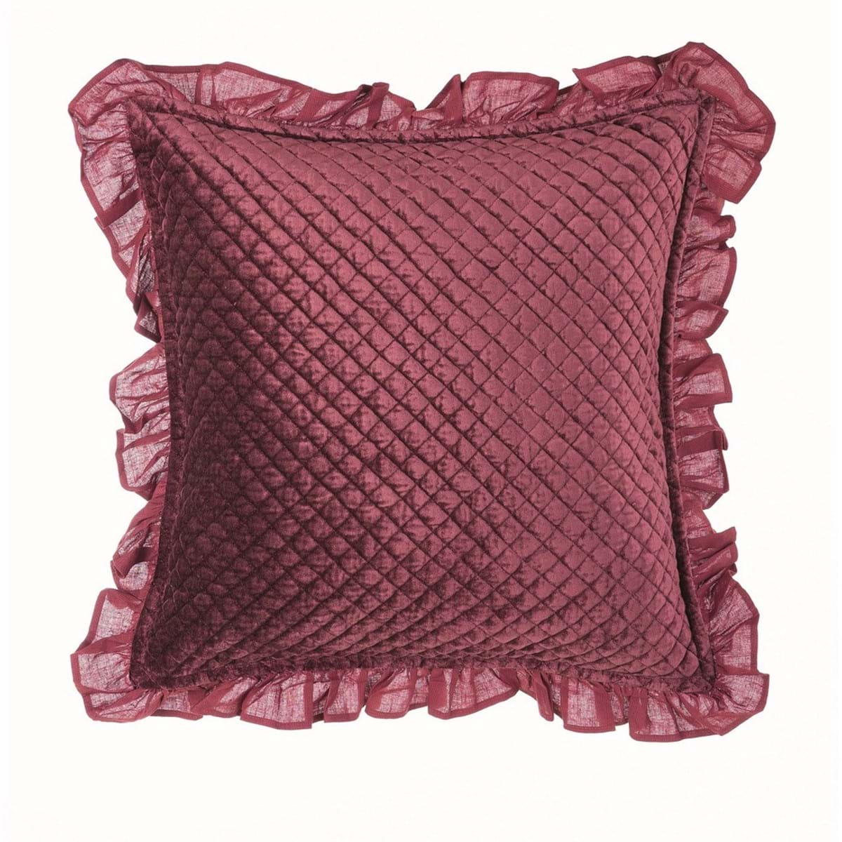 Cuscino quadrato velluto bordeaux con rouches. Blanc Mariclò