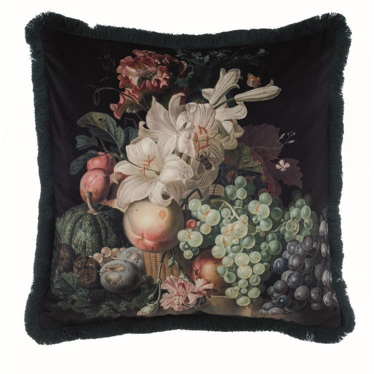 Cuscino quadrato velluto con frange e stampa botanica. Blanc Mariclò