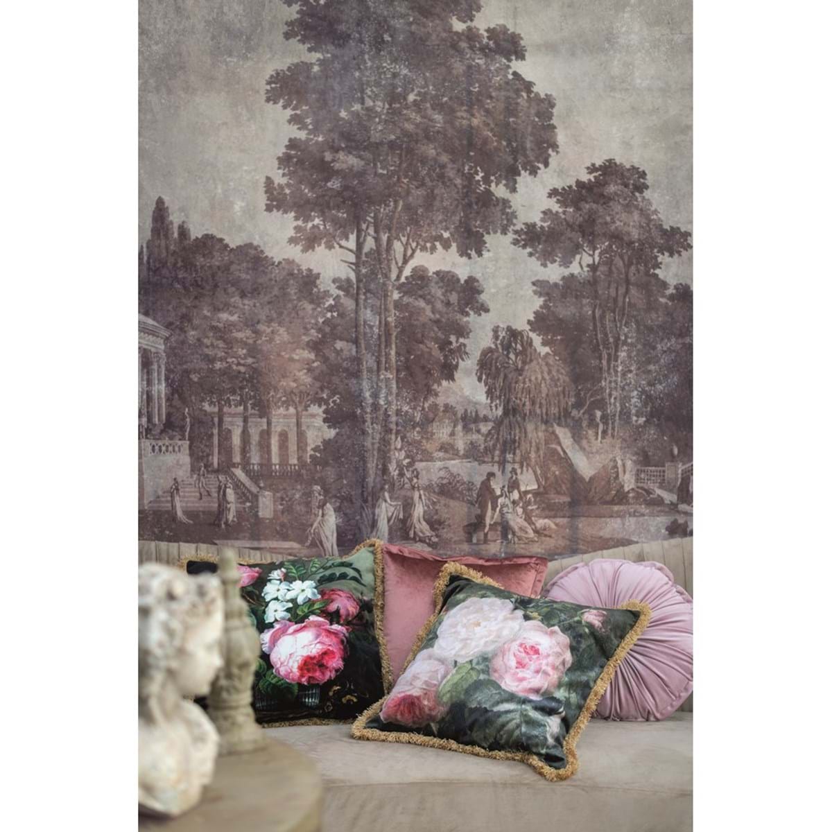 Cuscino quadrato velluto con frange e stampa botanica. Blanc Mariclò