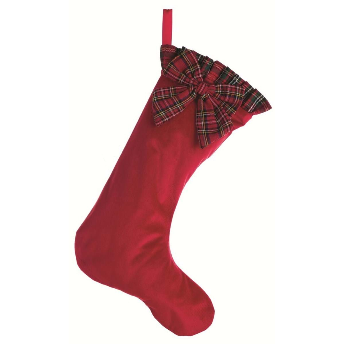 Calza velluto rosso con balza in tartan e fiocco tartan. Blanc Mariclò