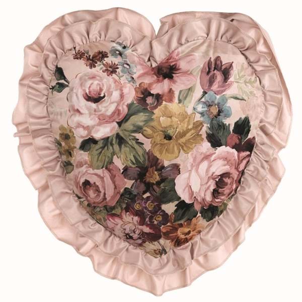 Cuscino con stampa floreale in velluto con gala, a cuore. Blanc Mariclò