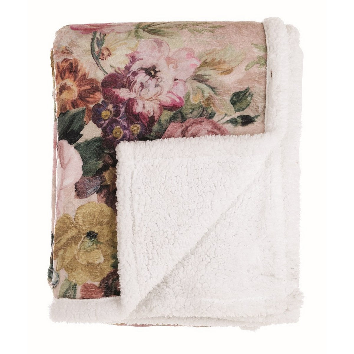 Plaid sherpa con stampa floreale, interno pelliccia sintetica bianca. Blanc Mariclò