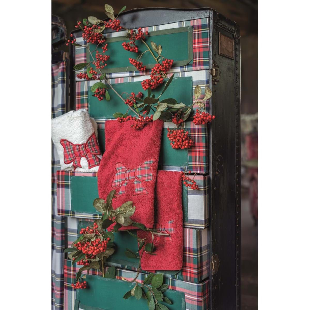 Coppia spugna rossa con fiocco in tartan. Blanc Mariclò