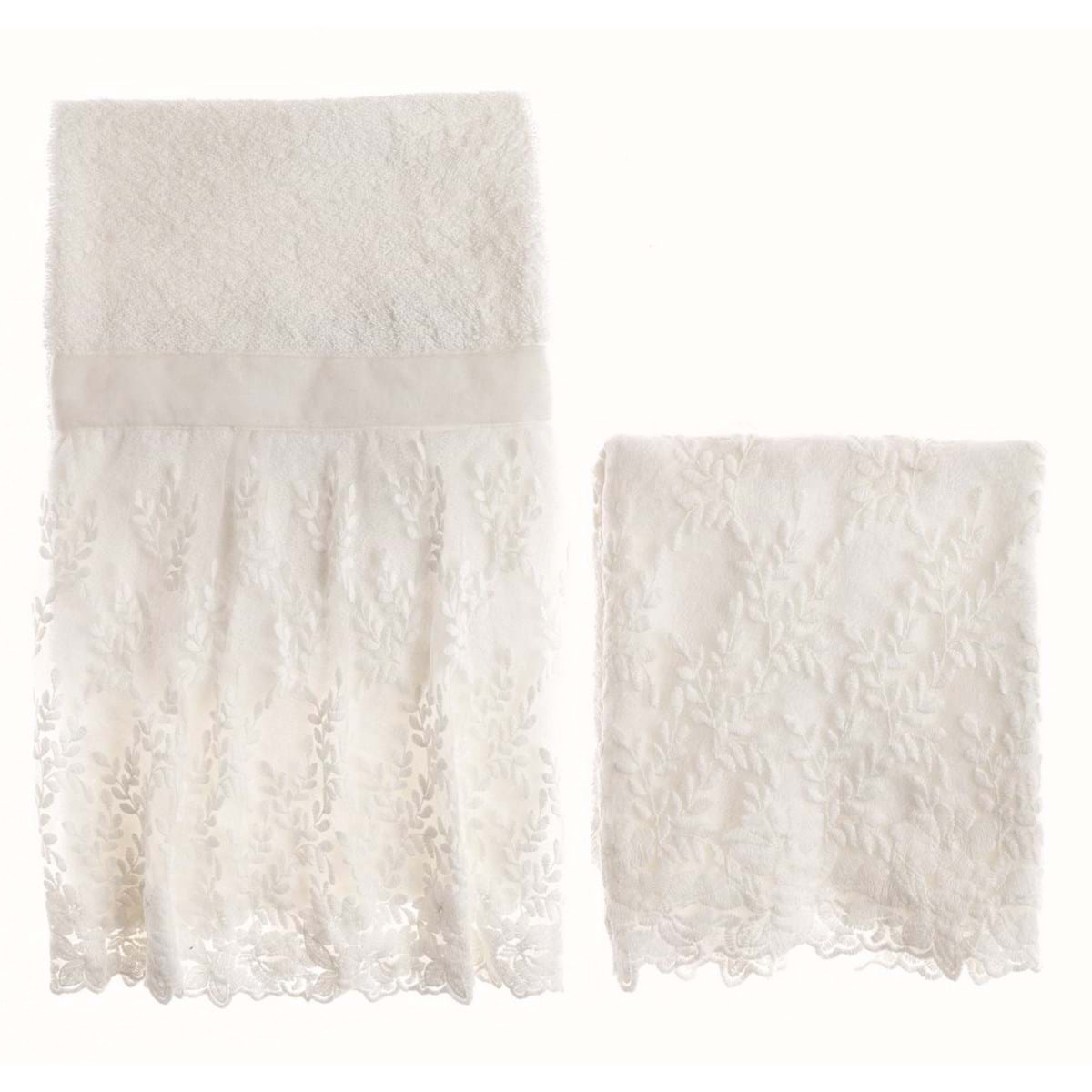 Coppia spugna bianco con balza in tulle ricamato. Blanc Mariclò