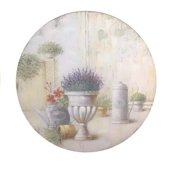 Quadro rotondo con vasi di lavanda, misura 60x60 cm., senza cornice. Blanc Mariclò