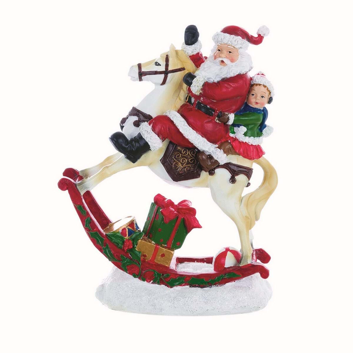 Decoro natalizio Santa Claus con cavallo, in resina. Blanc Mariclò