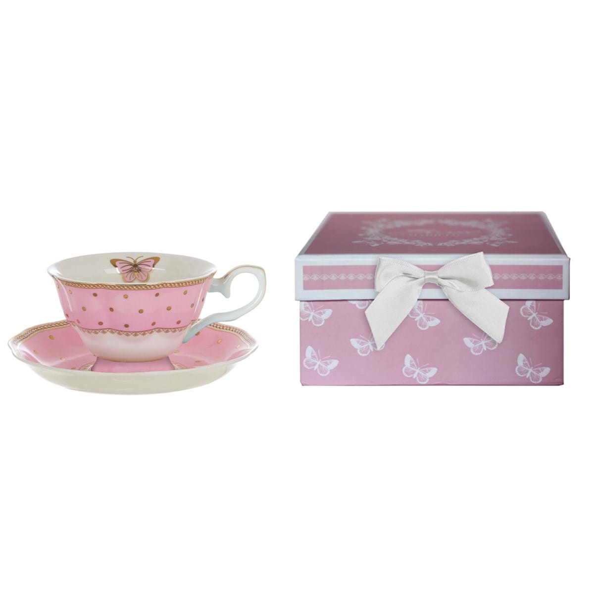 Tazza tè con piattino porcellana con pois e farfalla, colore rosa. Blanc Mariclò