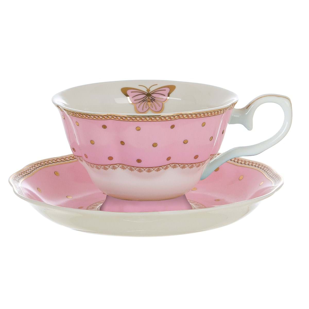 Tazza tè con piattino porcellana con pois e farfalla, colore rosa. Blanc Mariclò
