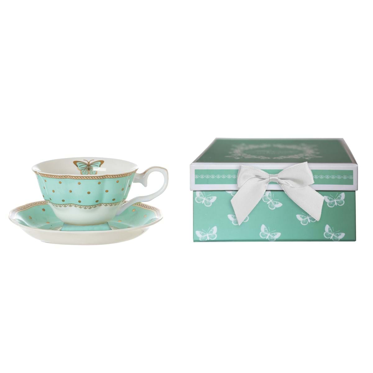 Tazza tè con piattino porcellana con pois e farfalla, colore verde. Blanc Mariclò