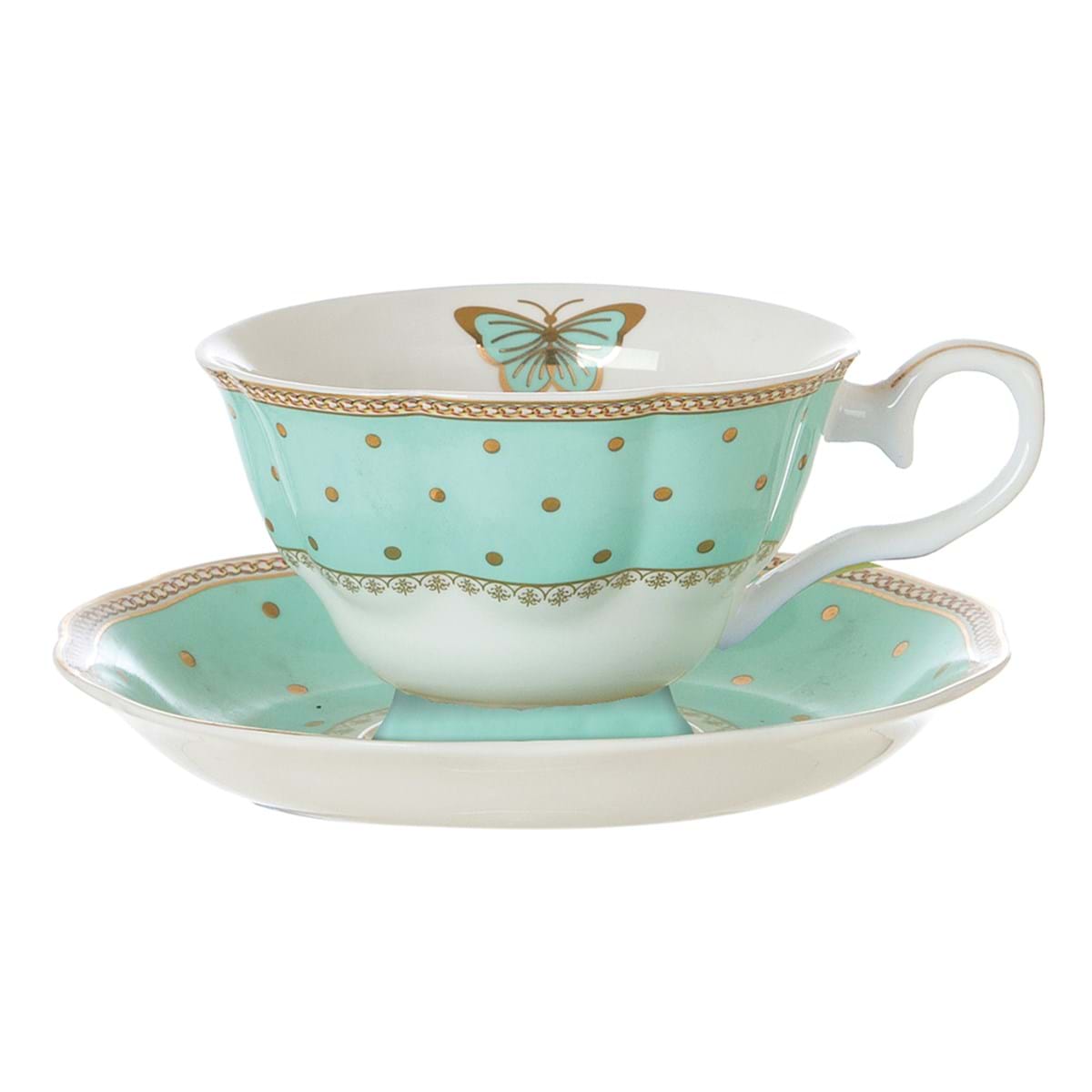 Tazza tè con piattino porcellana con pois e farfalla, colore verde. Blanc Mariclò